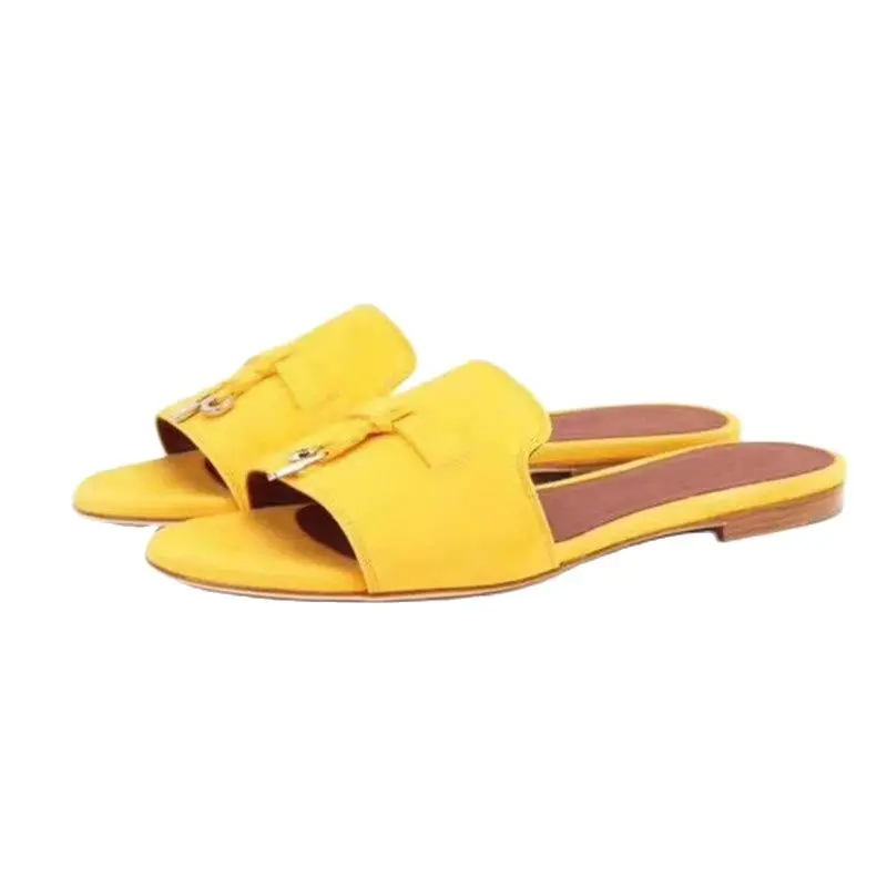 

Spring summer round kidsuede Flat Slippers candy color tassel metal lock decor mules flipflops beach Shoes Women 2020 sandals