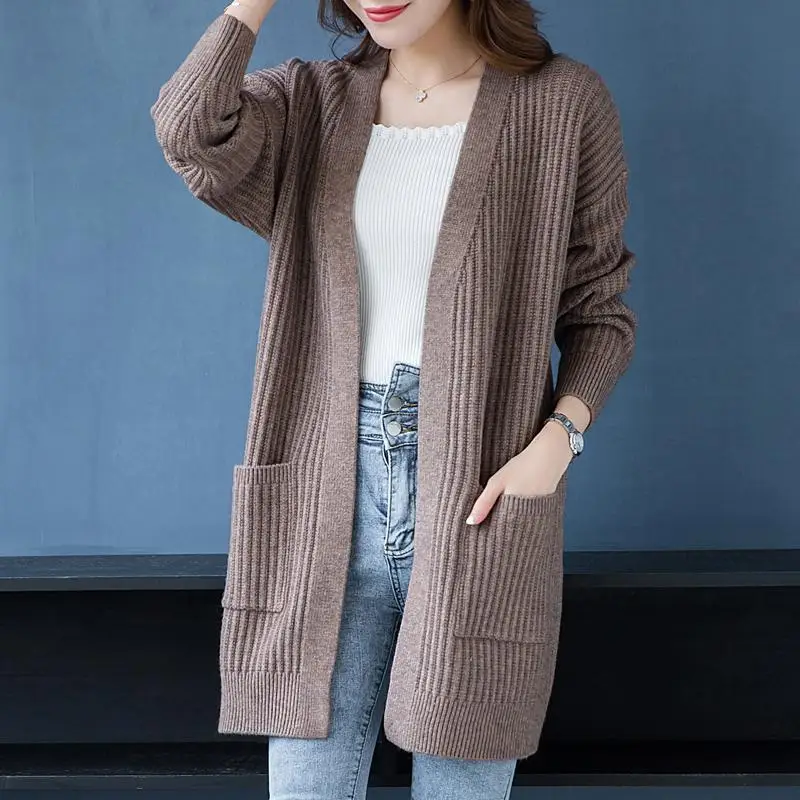 

2021 Autumn New Knitted Cardigan Women's Wild Long-sleeved Loose Korean Coat Mid-length Coat Straight Knitted Long Sweater