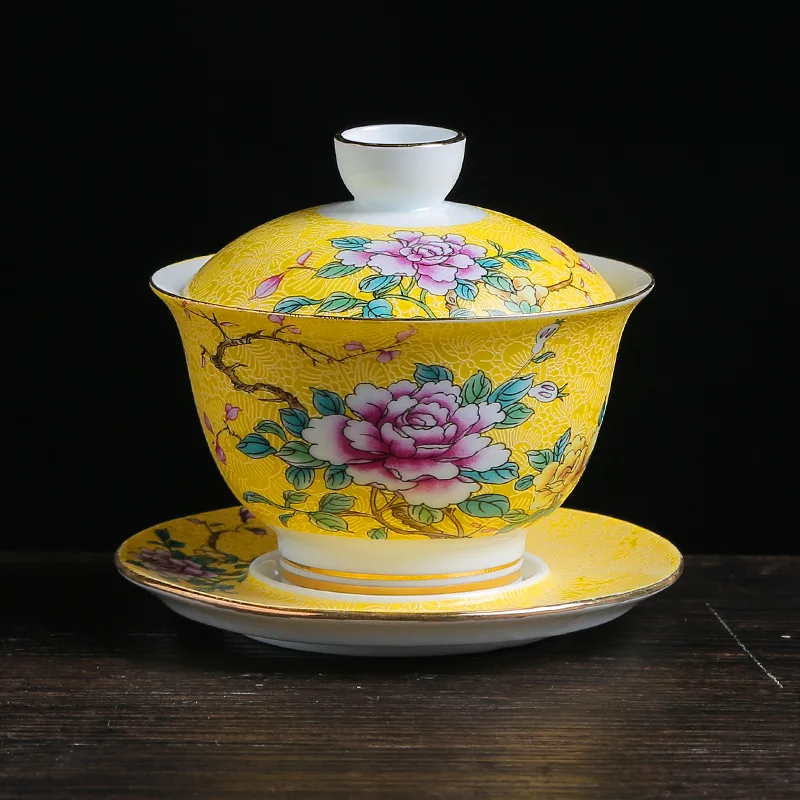 Yellow Керамическая эмалированная цветная чайная чаша Gaiwan в китайском стиле Sancai, набор чайных чашек и блюдца, 150 мл, бытовой чайник - Цвет: Yellow