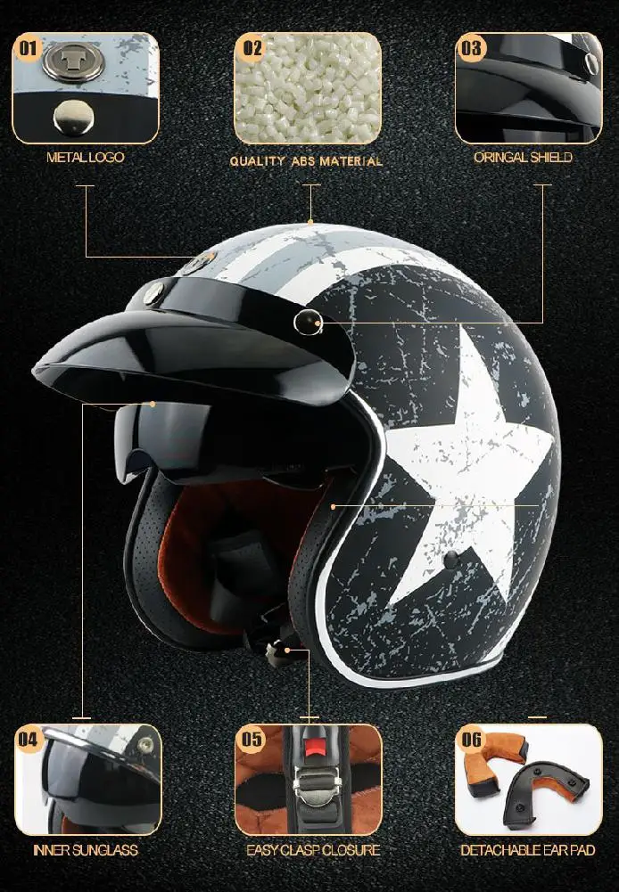 

HiMISS Unisex Vintage Motorcycle Helmet Built-in Lens Open Face Helmet