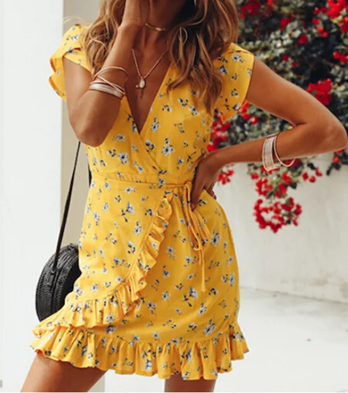 

New Women Vintage Elegant Summer Boho Short Sleeve V-neck Ruffled Lace Printed Dress Beach Dresses Sundress
