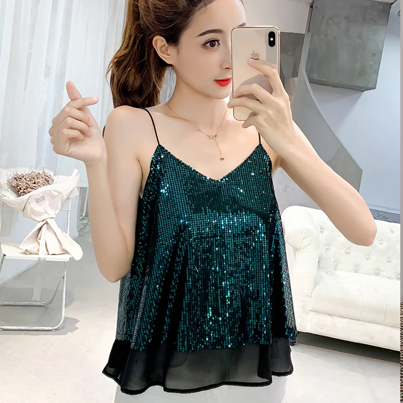 

2021 Summer Fashion Sequins Tank Top Women Sexy Sleeveless Female V-neck Camisole Camis Woman Clothes Sweet Girls Vetement Femme