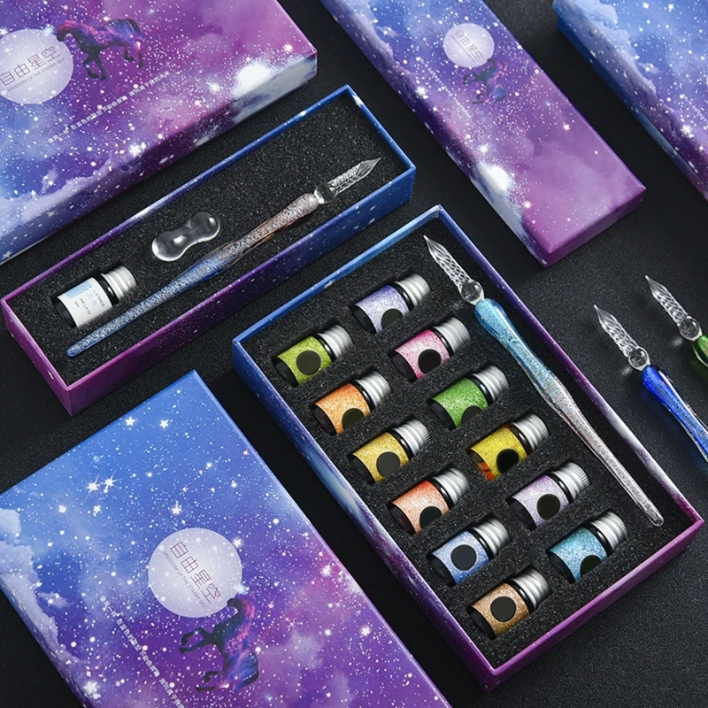 1 Набор Planet Theme Dip Pen 4 цвета набор чернил стеклянная ручка Канцелярия для учеников