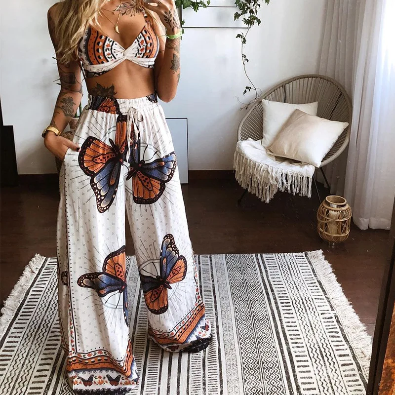 

Summer Yoga set Homewear Outfits Butterfly Print Sport Women Sportsuit Two Pieces Sets Workout Outfit Pants Loose Suits