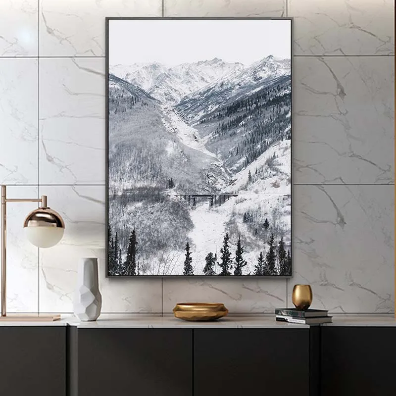 

Scandinavian Snow Mountain Landscape Wall Art Canvas Painting Winter Nature Senery Poster Nordic Wall Picture for Living Room