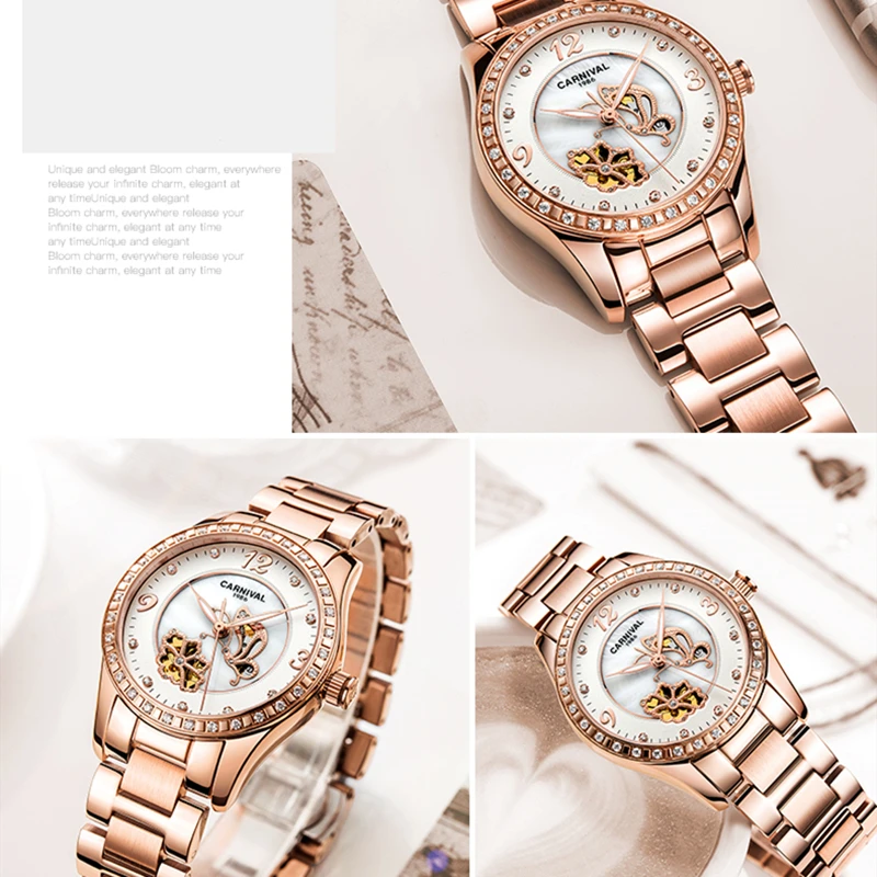 Reloj Mujer, карнавальные автоматические часы для женщин, модные механические Женские наручные часы, розовое золото, роскошный бренд, часы с скелетом