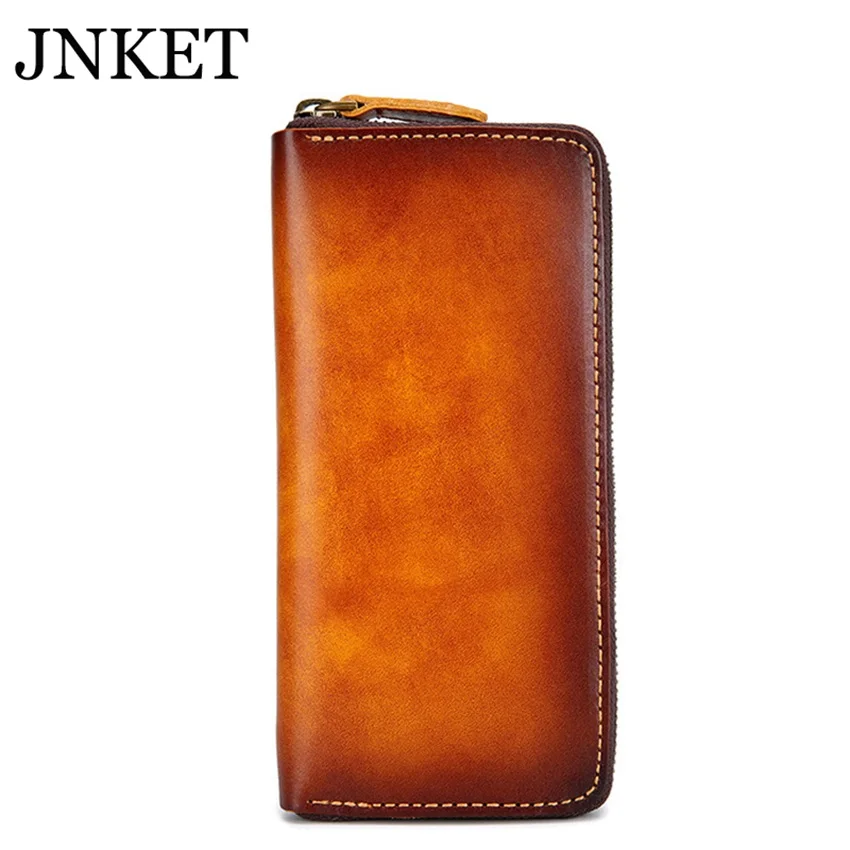 JNKET New Retro Men's Long Zipper Wallet Vegetable Tanned Leather Clutch Wallet Multi-card Wallet Large Capacity Clutch Bag