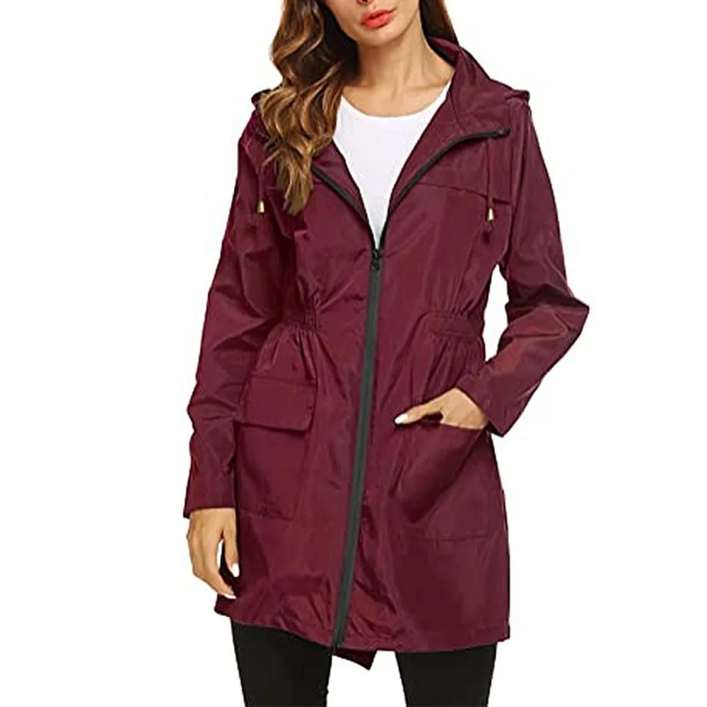 

Women Wind Jacket Rain Coat Basic Style Zipper Pockets Long Sleeve Hooded Windbreaker Waterproof Hiking Outdoor Coat Plus Size