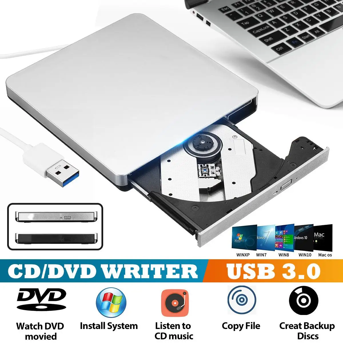 

Внешний DVD-привод Type-C/USB3.0, высокоскоростной DVD-привод 4K, 3D проигрыватель для Mac, Windowslaptop, ПК, портативный привод для горелки BD/CD/DVD