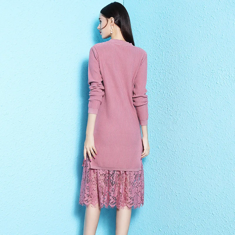 BACKFLY Women Knitted Dresses Lace Stitching Sweater Straight Dress female Autumn Winter Long Lady Ribbed Robe Pullover dresses |