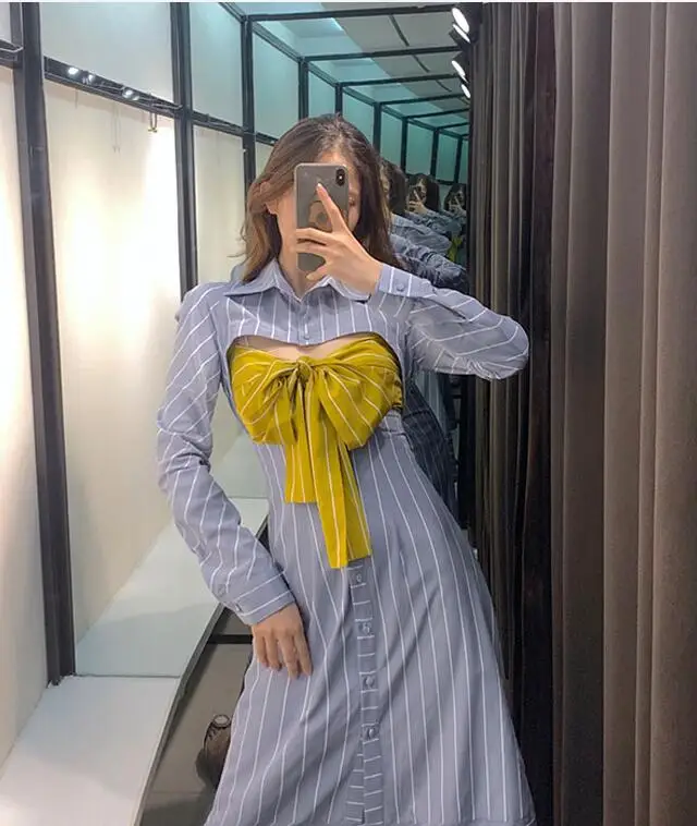 Женское однобортное платье в полоску длинное ажурное платье-рубашка с длинным