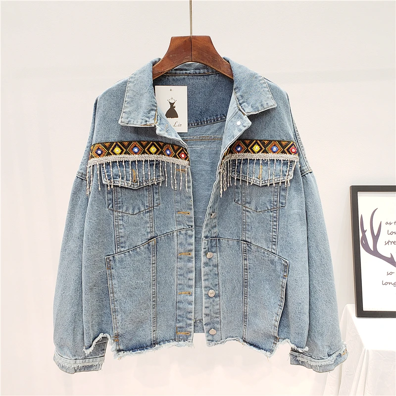 

Nowsaa Vintage Jeans Jacket Coat Women Tassel Embroidery Flowers Denim Coat Loose Long Sleeve Short Bohemia Denim Jacket Outwear