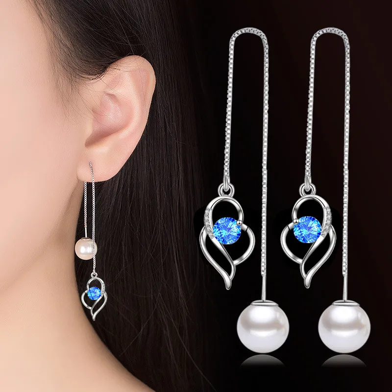 NEHZY 925 Sterling Silver Women's Fashion Long Tassel Earrings with Crystal Zircon Pearl and Heart Design image 3
