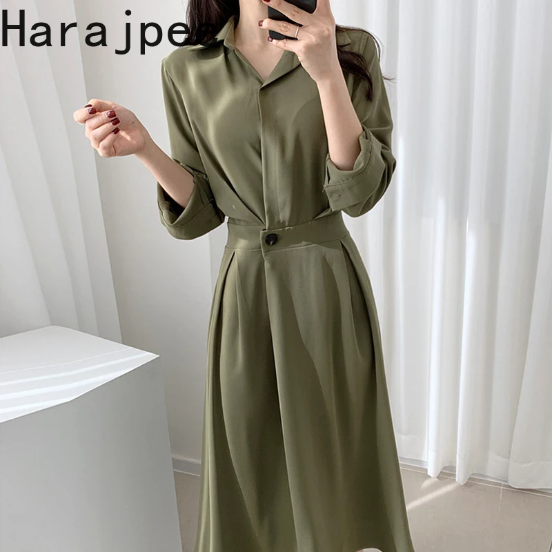 

Harajpee A-line Dress Korean Chic Turn-down Collar Elegant Long Sleeve Slim High Waist Commute All-match Solid Spring Autumn New