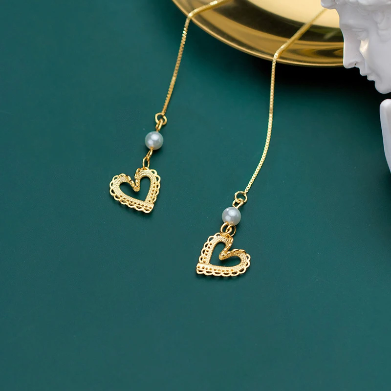 

MODIAN Elegant Pearl Lace Hearts Border Dangle Earring for Women Real 925 Sterling Silver Gold Color Drop Earring Fine Jewelry