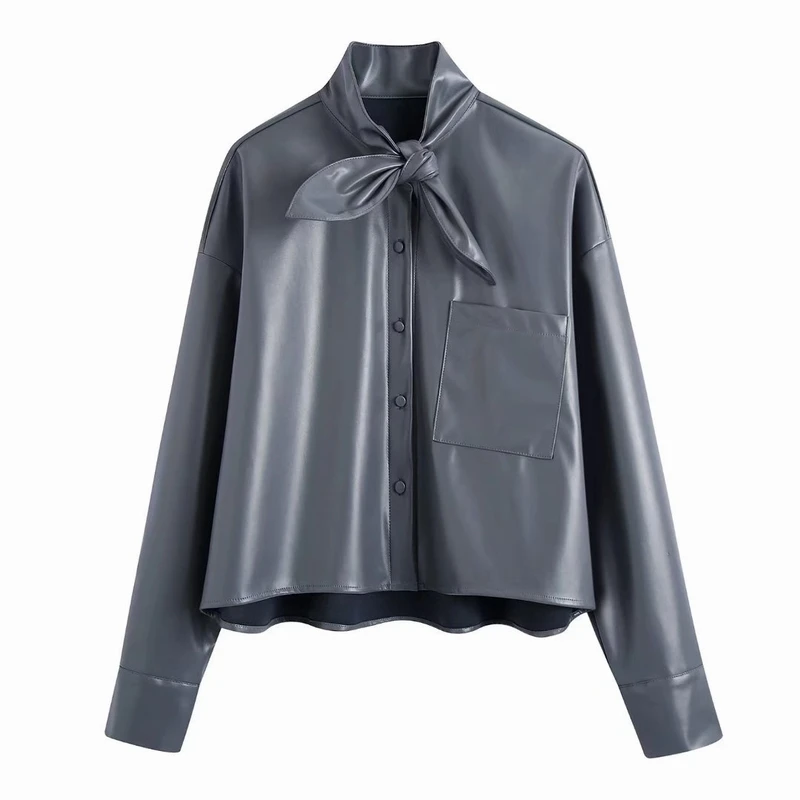 

Women Faux Leather Shirt Autumn 2021 New Fashion Bow Collar Loose Pu Outerwear Female Casual Top
