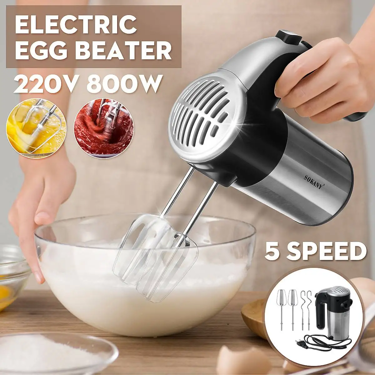 

800W 220V Electric Kitchen Food Handheld Mixer Stainless Steel Bowl 5-speed Cream Egg Whisk Whip Dough Kneading Mixer Blender