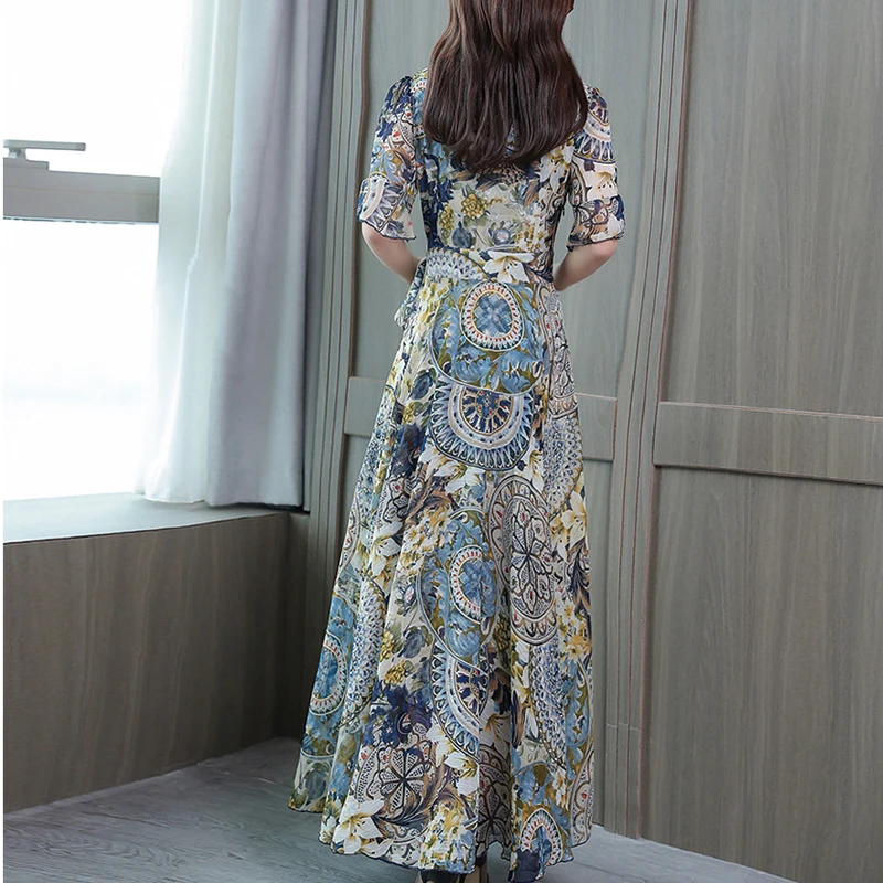 

QRWR 2021 Women Dress 2020 Summer Korean Fashion V Neck Beach Style Dress A Line Sashes Half Sleeve Print Dress for Women