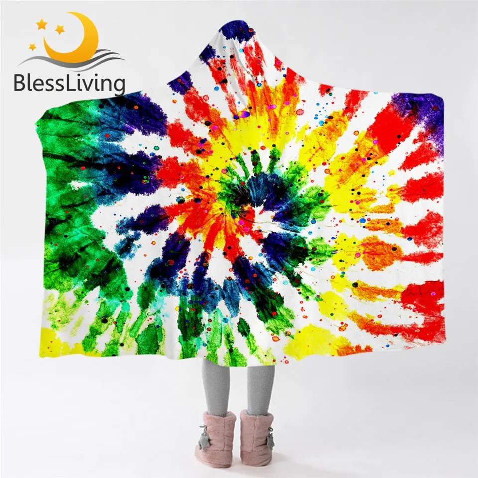 

BlessLiving Tie Dye Hooded Blanket Rainbow Microfiber Sherpa Fleece Blanket Watercolor Wearable Throw Blanket Cozy Bedding 1pc