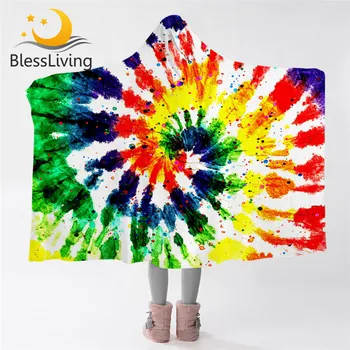 BlessLiving Tie Dye Hooded Blanket Rainbow Microfiber Sherpa Fleece Blanket Watercolor Wearable Throw Blanket Cozy Bedding 1pc 1