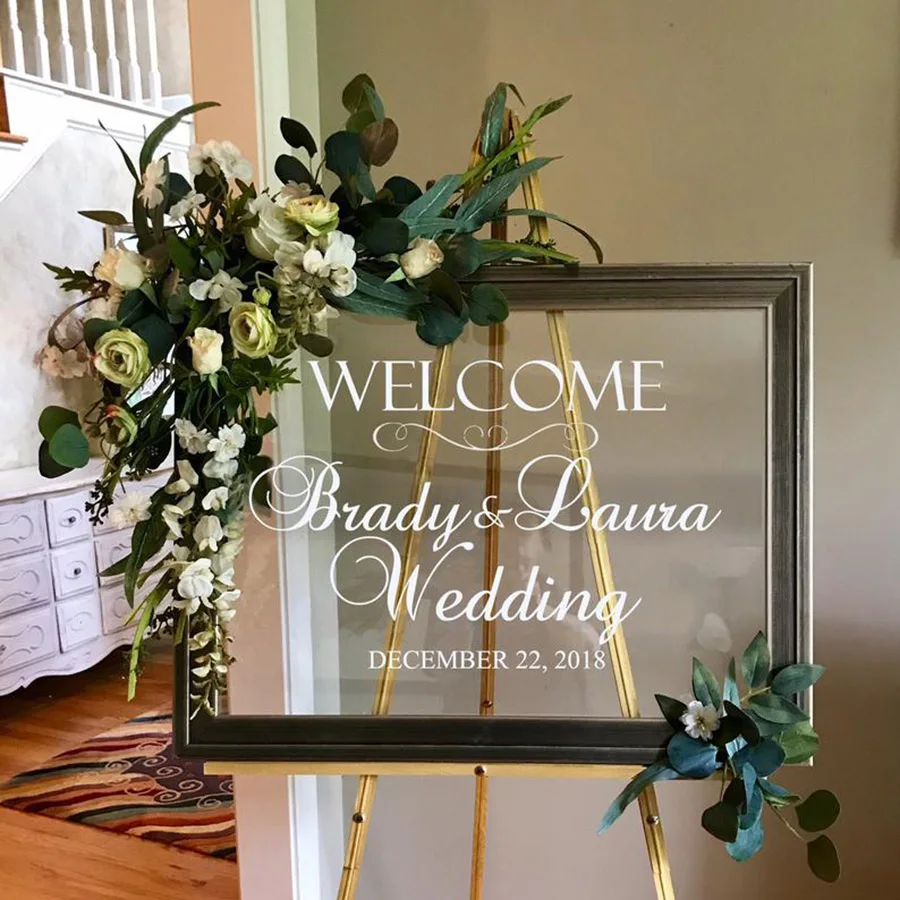 

Welcome Wedding Sign Personalized Mirror Decals Couples Names Dates Bridal Shower Wedding Heart Wedding Vinyl Wall Decal C500
