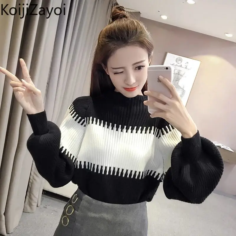 

Koijizayoi New Women O Neck Striped Sweater Autumn Winter Loose Long Sleeve Pullover Tops Korean Ladies Knitted Patchwork Jumper