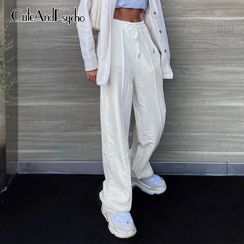 

Cotton Solid White Sweatpants for Women Sportswear Joggers Women Oversized Trousers Wide Leg High Waisted Pants Cuteandpsycho