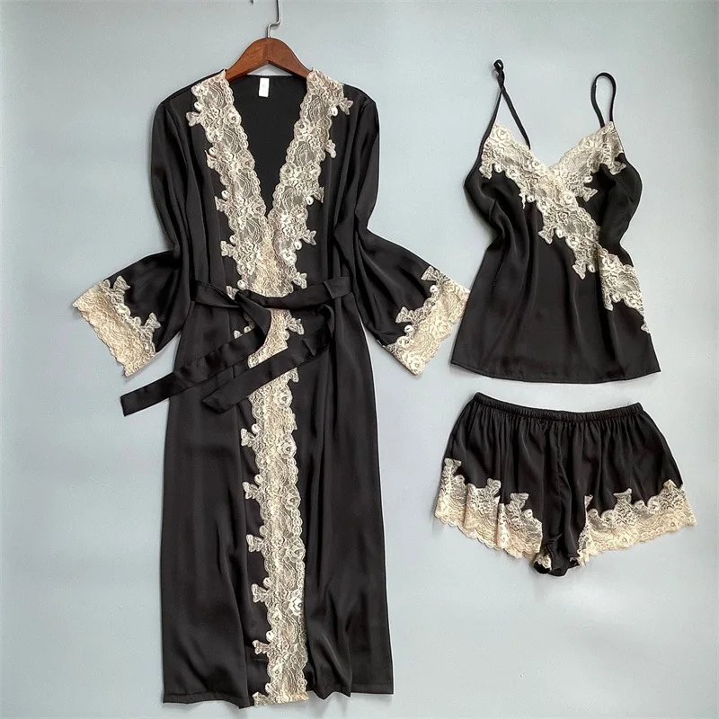 

Satin Lace Patchwork Pajamas Set Sexy V-neck Robe Suit Summer New Sleep Set Femme Kimono Gown Casual Bathrobe Gown Loungewear