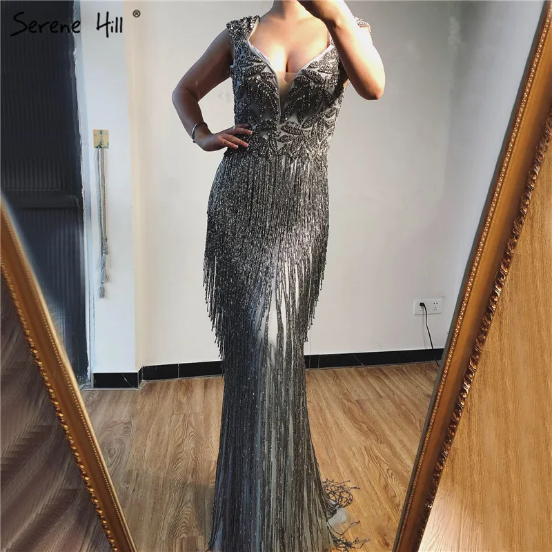 Дубай Роскошные с v-образным вырезом серебряные Сексуальные вечерние платья с длинным рукавом Бисероплетение кисточкой вечерние платья Серен Хилл LA70061