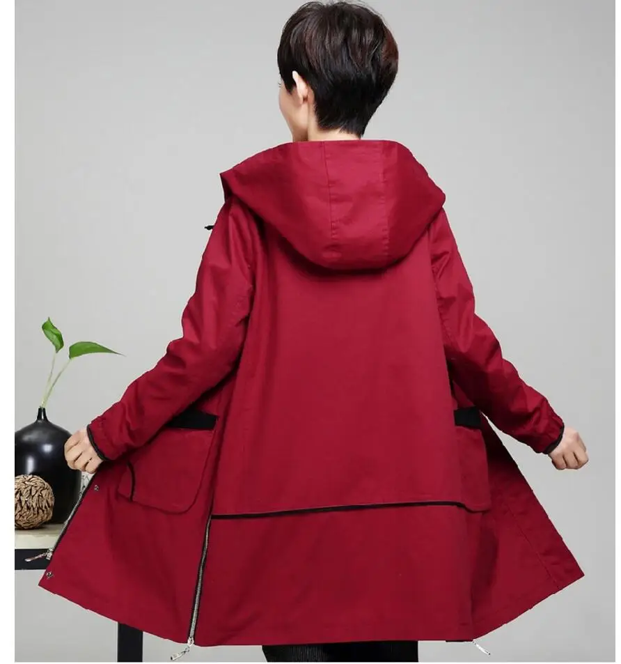 

2021 Spring M-6xl And Autumn New Women Casual Tops Middle-aged Female Windbreaker Long Trench Coat Mother Hooded Overcoat