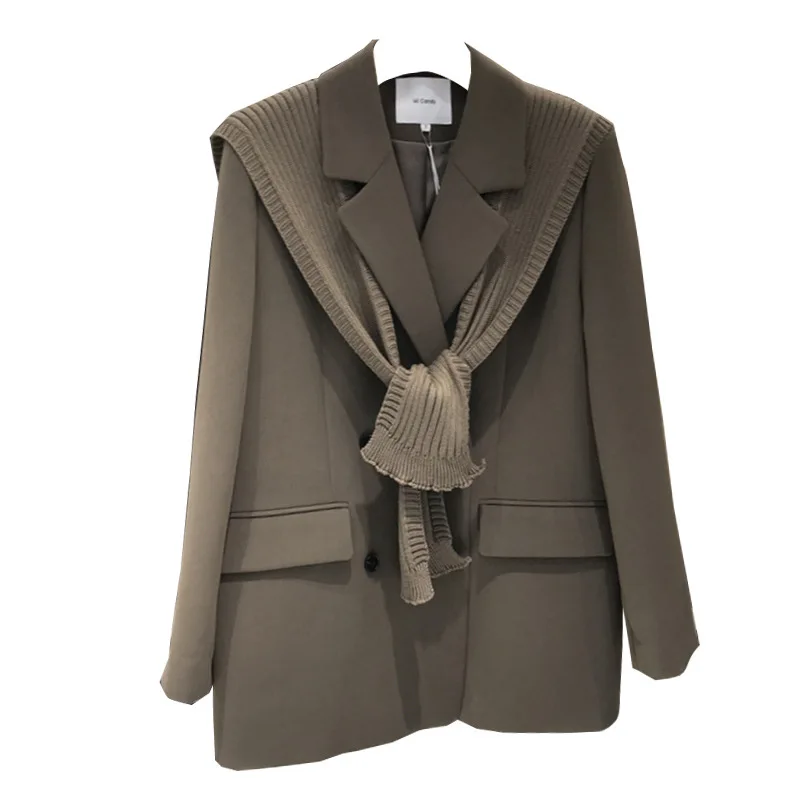 

2021 spring and autumn new coat double-breasted shawl fake two-piece pocket fashion solid color suit women