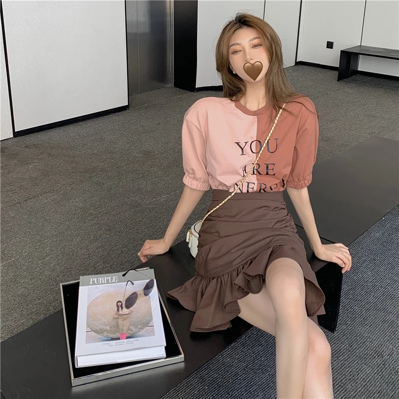 

Юбка COIGARSAM женская с оборками, плиссированная футболка с коротким рукавом и надписью, забавный цвет, лето 2021