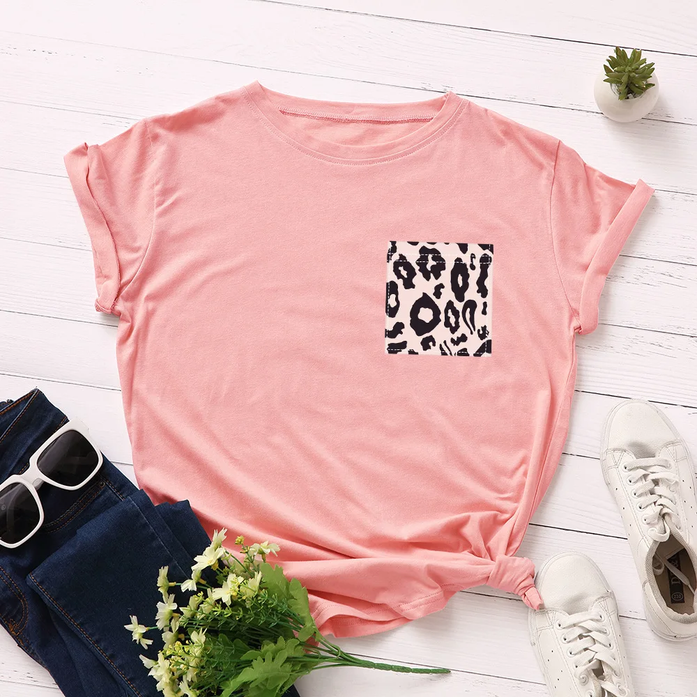JFUNCY 5XL Женская летняя футболка с леопардовым принтом и фальш-карманом женские