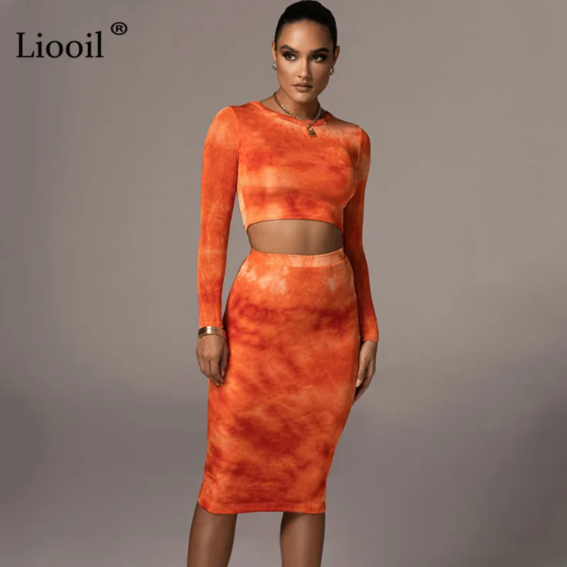 

Комплект из двух предметов Liooil с принтом, сексуальные футболки, короткий топ и юбка миди, 2021, с длинным рукавом и высокой талией, Сексуальные ...