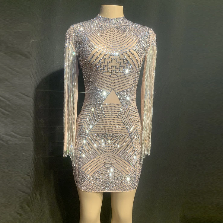

Transparent Silver Rhinestones Dress Mesh See Through One-piece Crystals Fringes Dress Birthday Celebrate Costume Vestidos