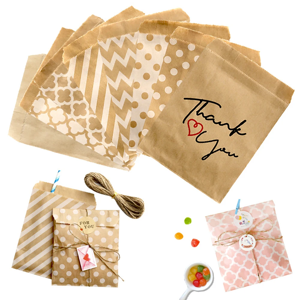 Kraft Paper Bag Candy Biscuit Popcorn Bag Brown White Wave Dot Packing Pouch Pastry Tool Wrapping Wedding Party Supplies 13x18cm