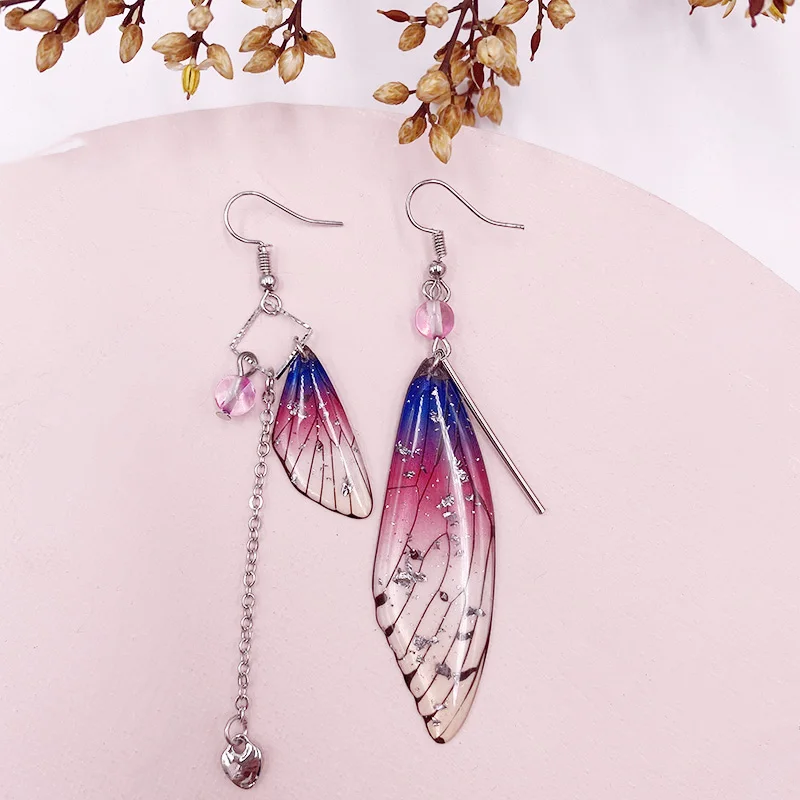 

Temperament Fairy Purple Butterfly Wings Long Drop Earrings Dreamy Gradient Resin Asymmetric Earrings Romantic Bridal Jewelry