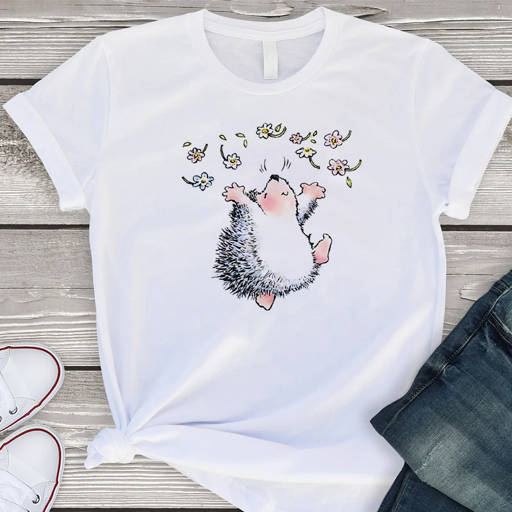 

New T-shirt Women Hedgehog with Flowers Print Cute Cartoon Tops Tee Easy Matching Summer Casual Clothing Loose Breathable Tshirt