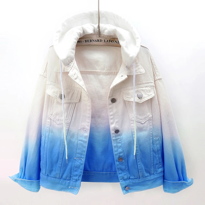 

2021 Fashion Gradient Color Denim Jacket Women Spring Autumn Korean Casual Students Hooded Jeans Coat Female Loose Clothes G835