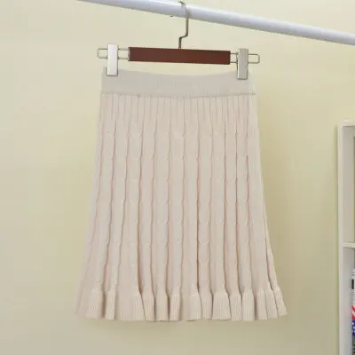 beige Зимняя скрученная Вязаная кашемировая Смешанная расклешенная короткая юбка, толстые теплые скрученные трикотажные плиссированные мини-юбки с оборками на подоле, Осенние юбки - Цвет: beige