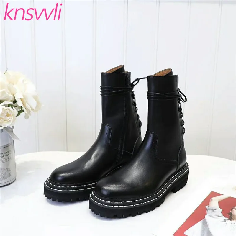 Женские ботильоны с круглым носком Knsvvli модные ботинки из натуральной кожи в