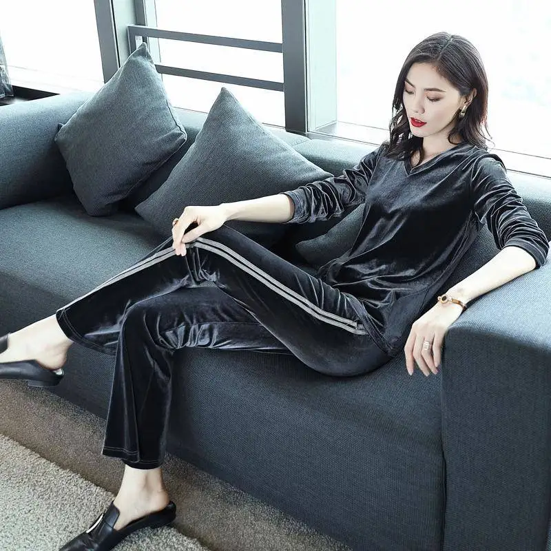 Женский весенний комплект из 2 предметов элегантный бархатный свитшот с