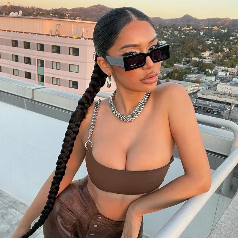 

Y2k Metal Chain Strap Crop Tops Women Fashion Backless One Shoulder Brown Camis Top Bralette Club Wear 2021 Summer Clothes