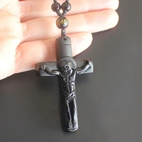 natural black obsidian crystal cross pendant with bead chain great gift necklace men or women