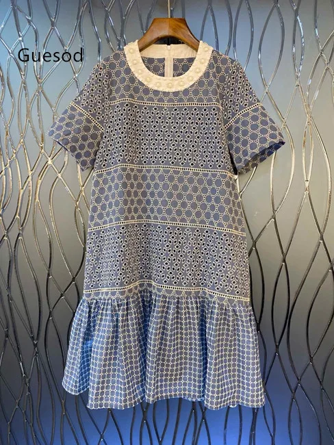 

Women Cotton Dress 2020 Summer Female Collage O-Neck Embroidery Floral Ruffles Hem Short Sleeve Dress New Arrival Guesod