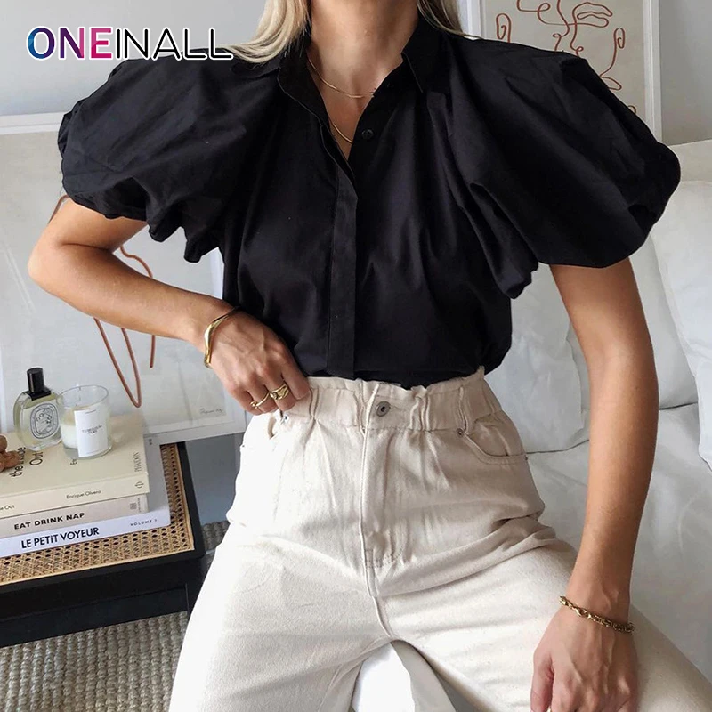 

ONEINALL Solid Casual Shirts For Women Lapel Puff Half Sleeve Ruched Straight Blouses Female 2021 Summer Korean Fashion Tide New