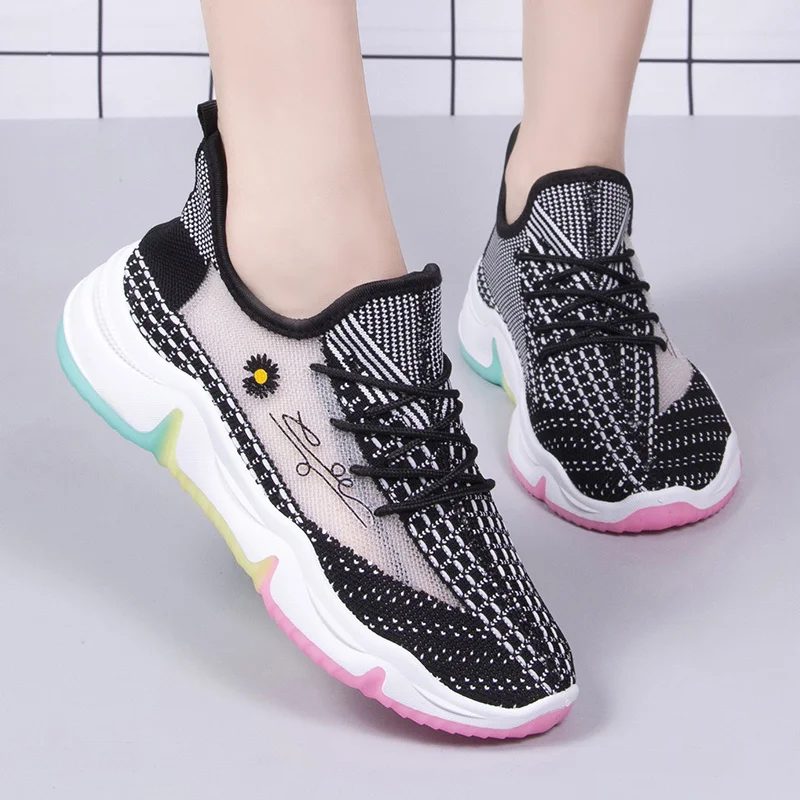 

Women Sneakers Rainbow Bottom Shoes 2021 New Summer Mesh Breathable Flat Ventilation Antiskid Running Walking Lace-up Sport Shoe