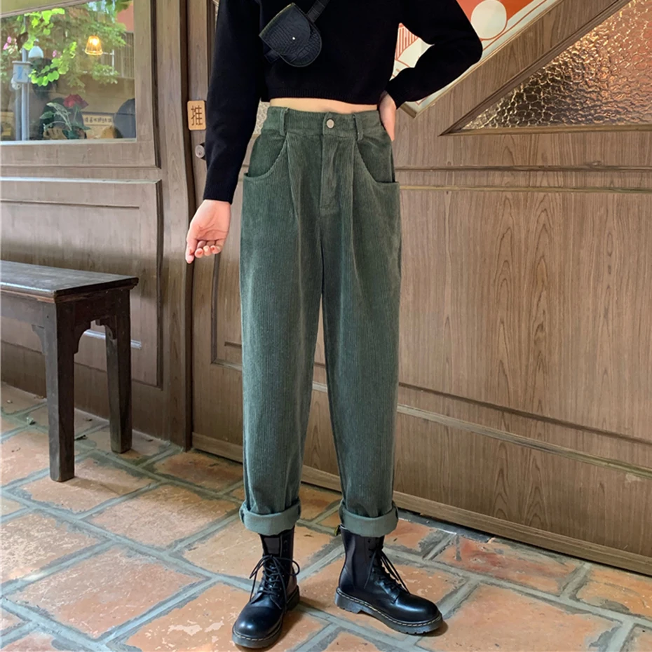 

Corduroy Loose Casual Wide Leg Trousers Vintage Ankle-length Pocket Pants Female Autumn Winter High Waist Solid Pants