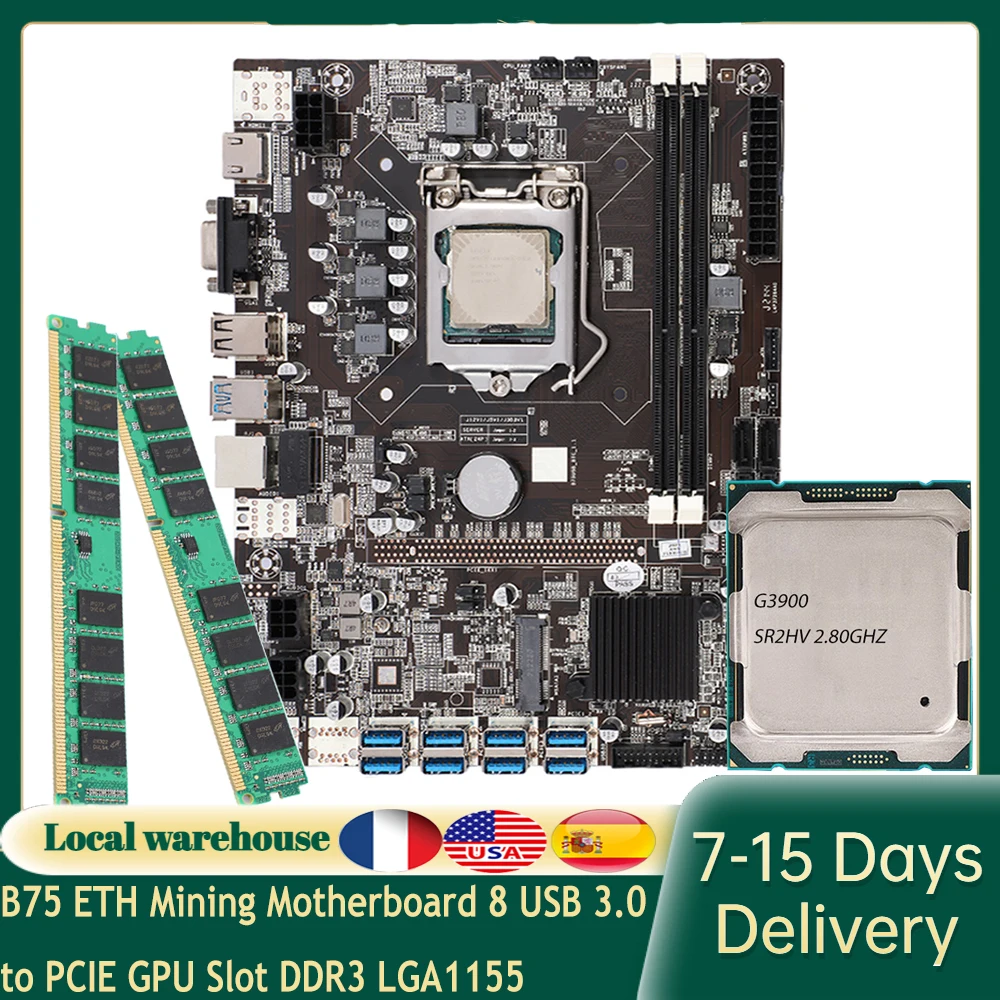 

Материнская плата B75 ETH 8 USB 3,0 для PCIE слот GPU DDR3 LGA1155 материнская плата для ПК с процессором Ethereum Mining 8G