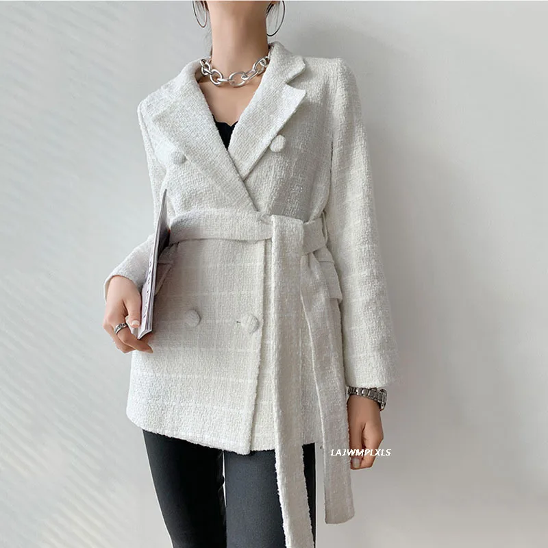 

Women Tweed Blazer Vintage Women Blazers Jackets White Elegant Loose Womens Blazers With Belt Long Sleeve 2021 Fashion
